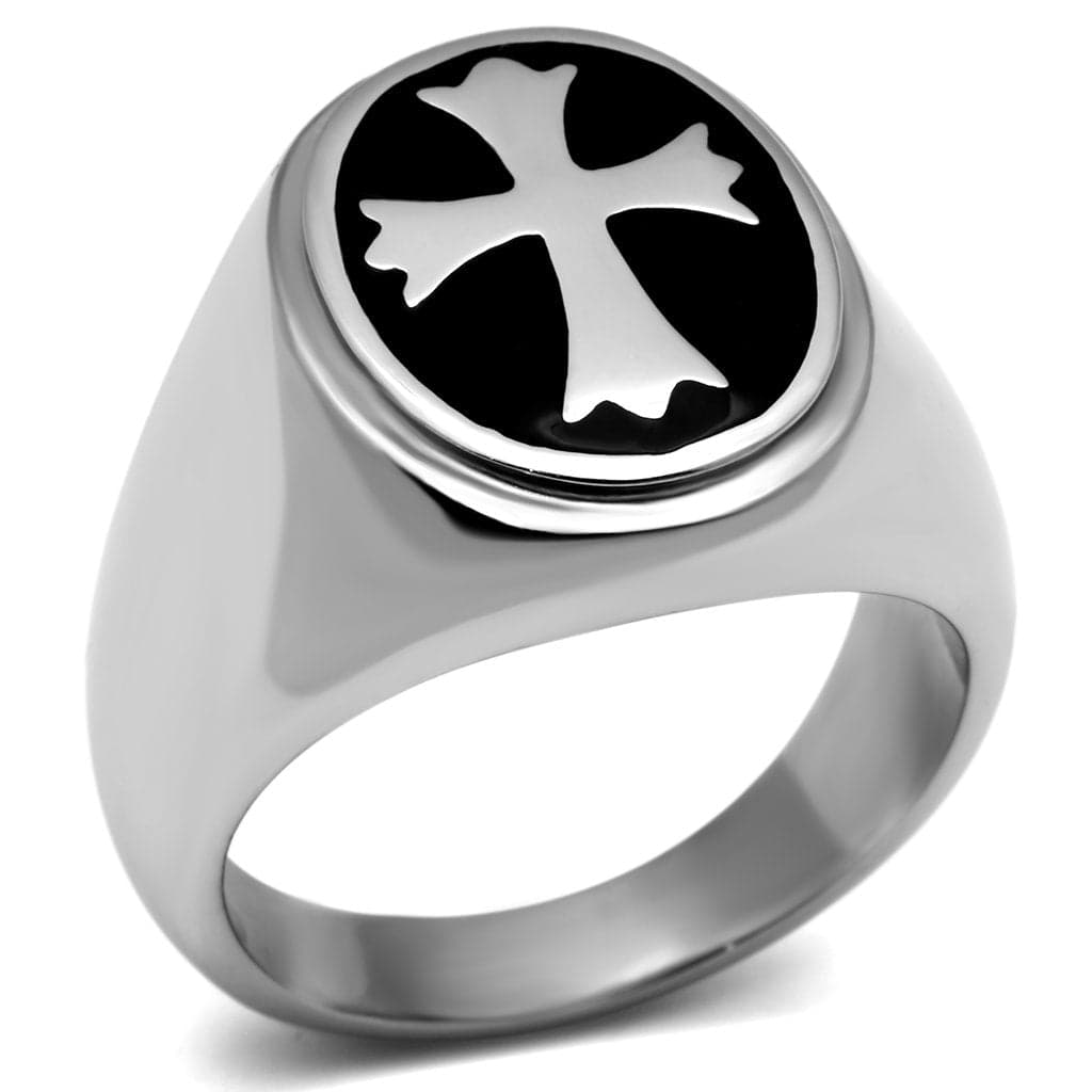 Stainless Steel Silver Black Enamel Maltese Cross Round Mens Ring