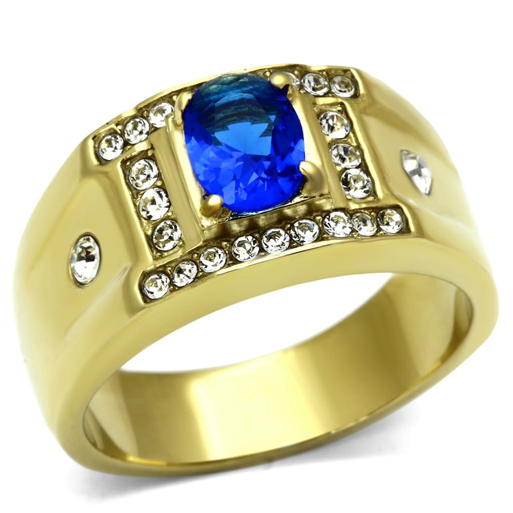 Stainless Steel Gold IP CZ Oval Sapphire CZ Halo Column Mens Ring