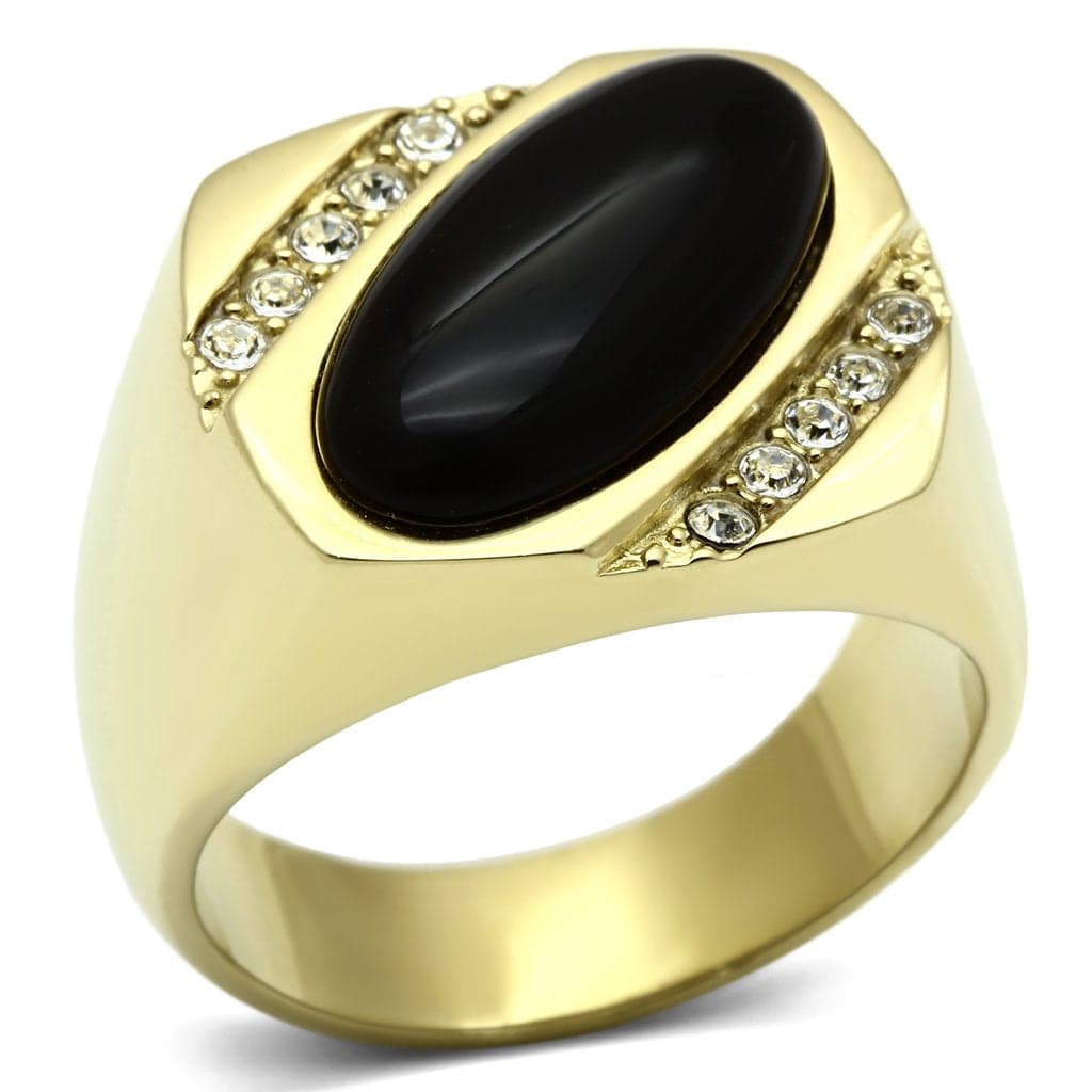 Stainless Steel Gold IP Black Onyx Oval CZ Channel Mens Ring