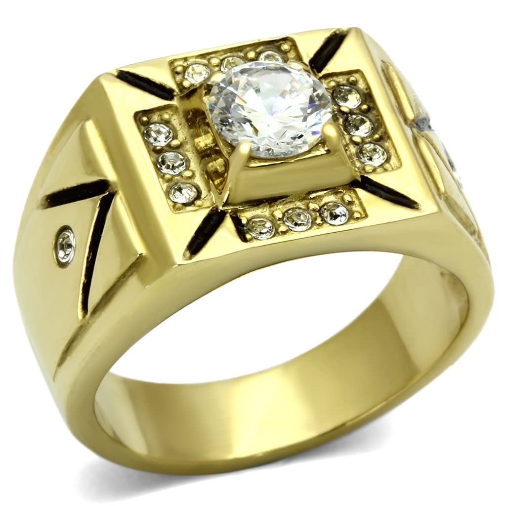 Stainless Steel Gold IP CZ Round Clear Cross Accent Square Ring