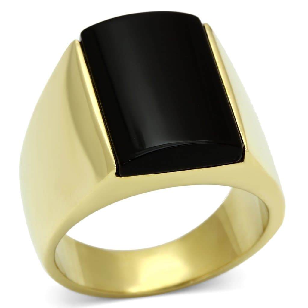Stainless Steel Gold IP Black Onyx Rectangle Flat Mens Ring