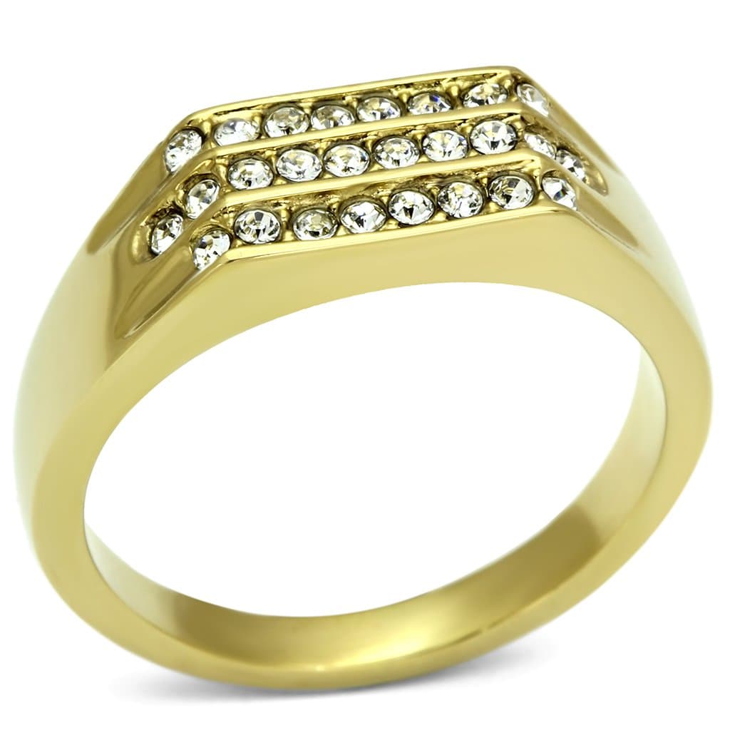 Stainless Steel Gold IP CZ Three Row Channel Wide Mens Ring