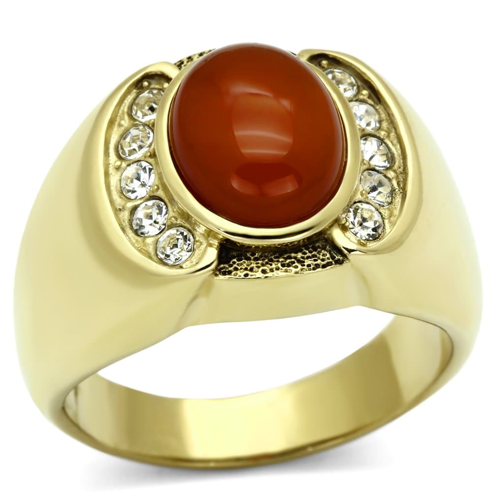 Stainless Steel Gold IP Carnelian Cabochon Oval CZ Horseshoe Ring