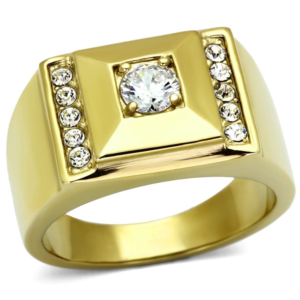 Stainless Steel Gold IP CZ Round Clear Square Channel Mens Ring