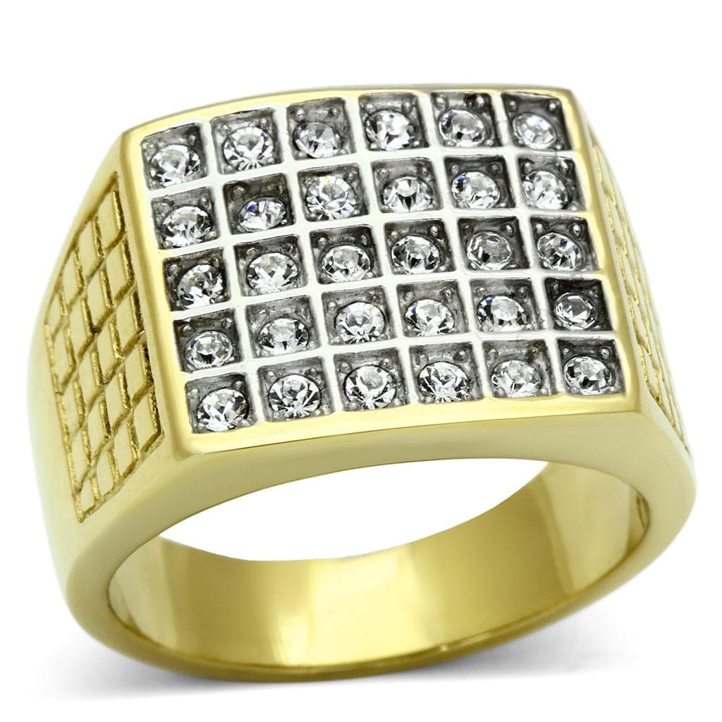 Stainless Steel Gold IP CZ Grid Pave Square Flat Mens Signet Ring