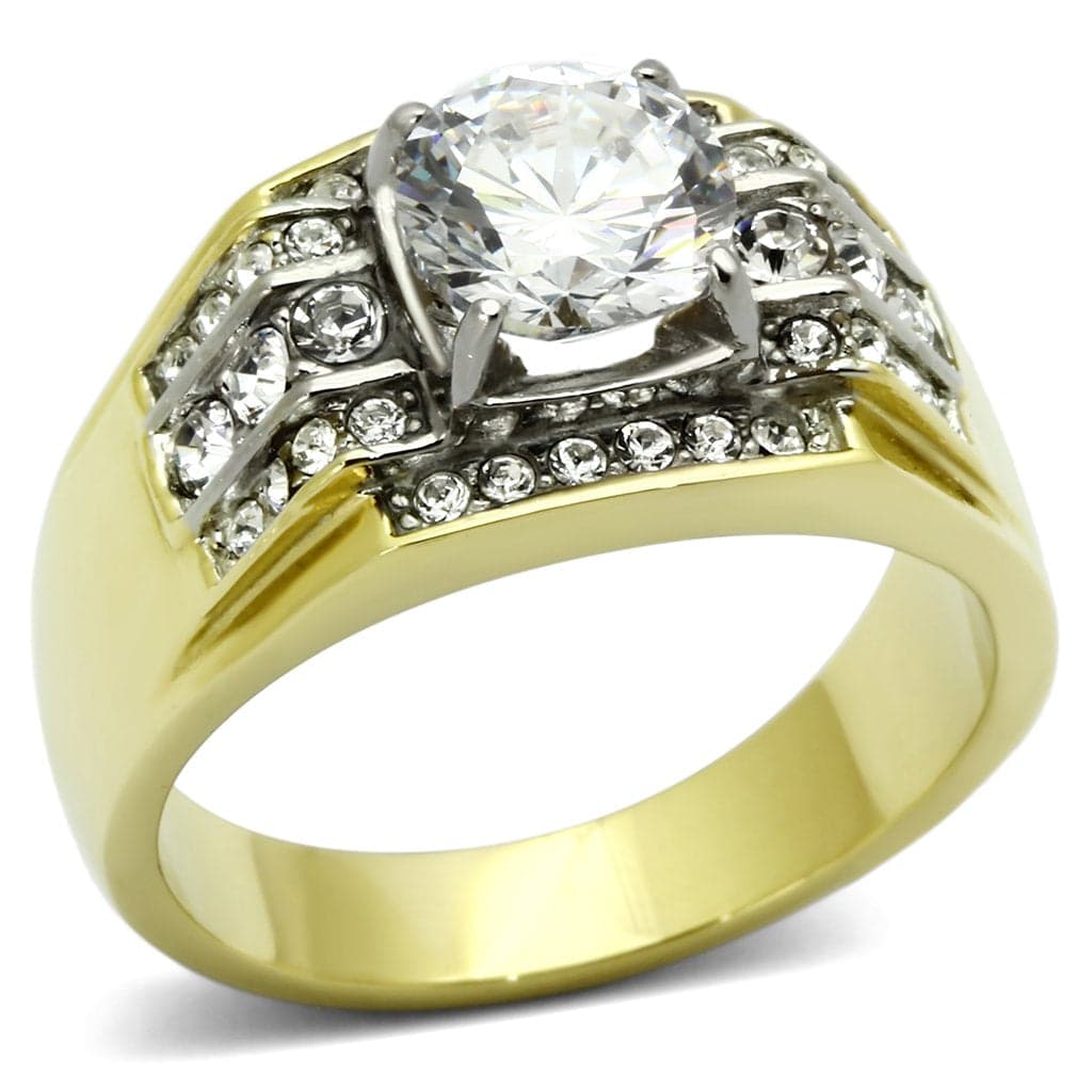 Stainless Steel Gold IP CZ Round Clear Wide Pave Wing Mens Ring