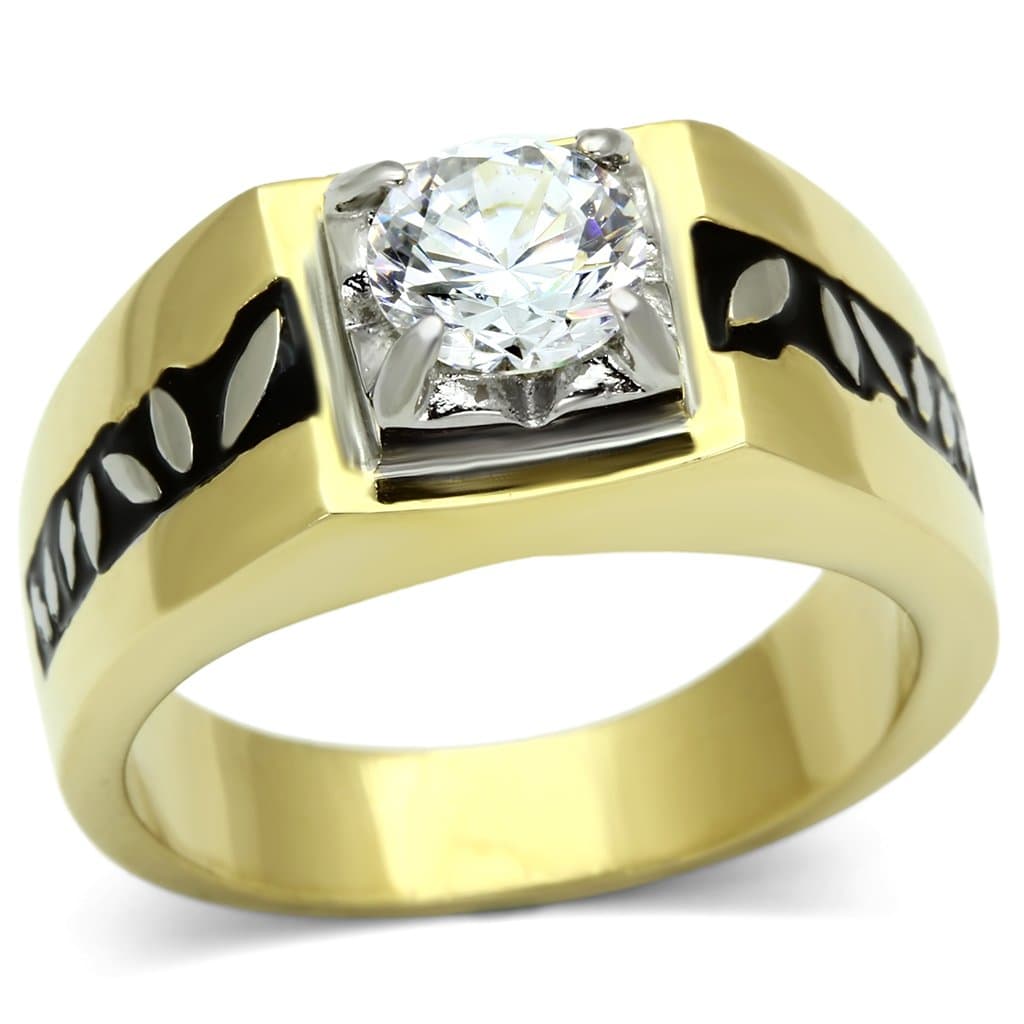 Stainless Steel Gold IP CZ Round Clear Square Leaf Accent Ring
