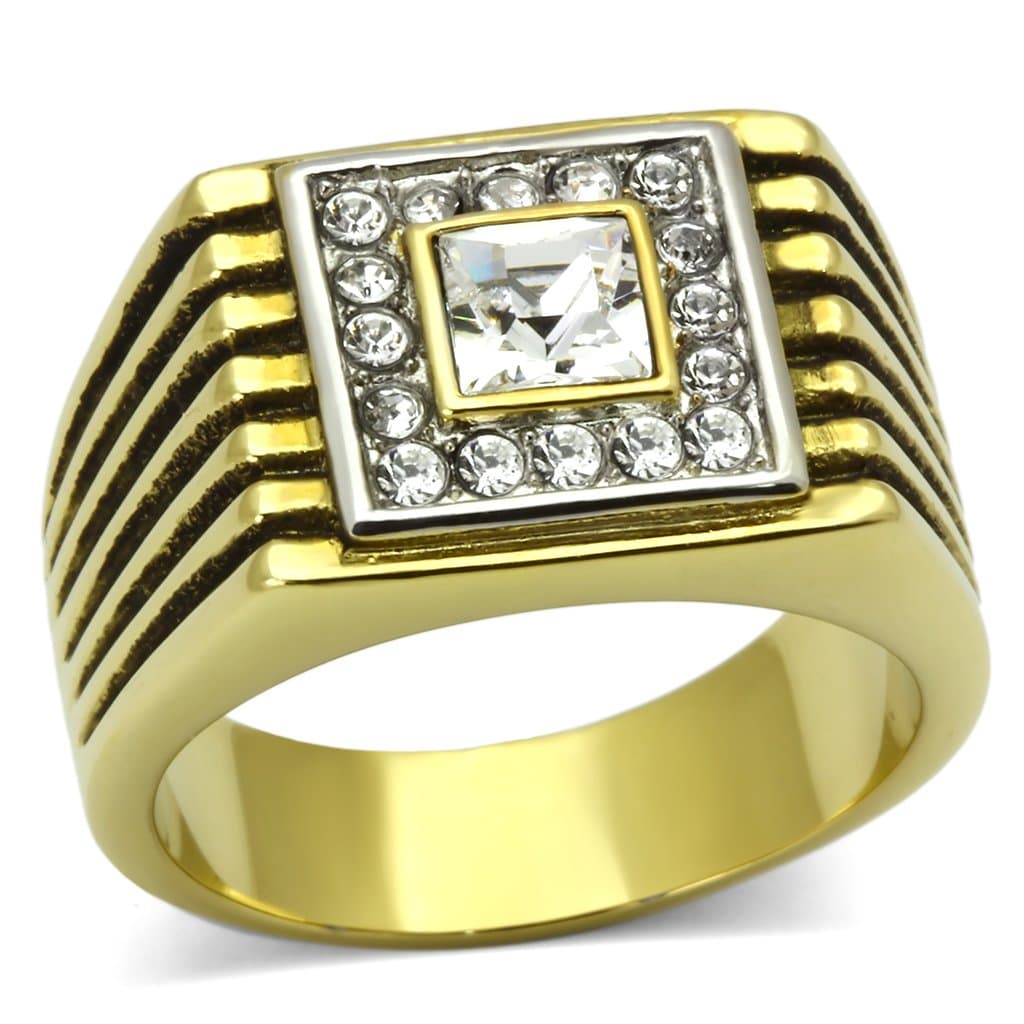 Stainless Steel Gold IP CZ Princess Square Ribbed Halo Mens Ring