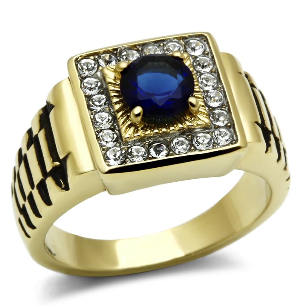 Stainless Steel Gold IP CZ Round Sapphire Pave Square Mens Ring