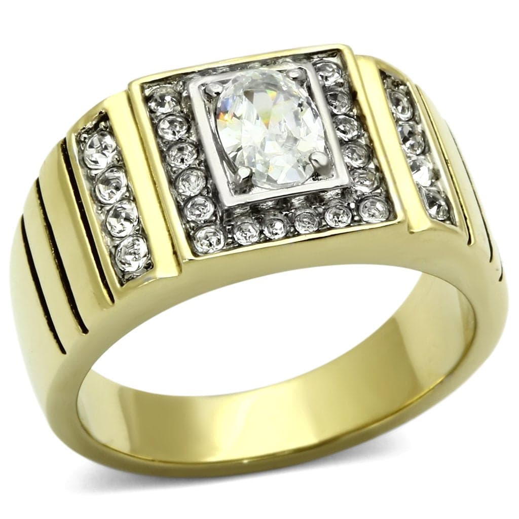 Stainless Steel Gold IP CZ Oval Clear Pave Ribbed Square Ring