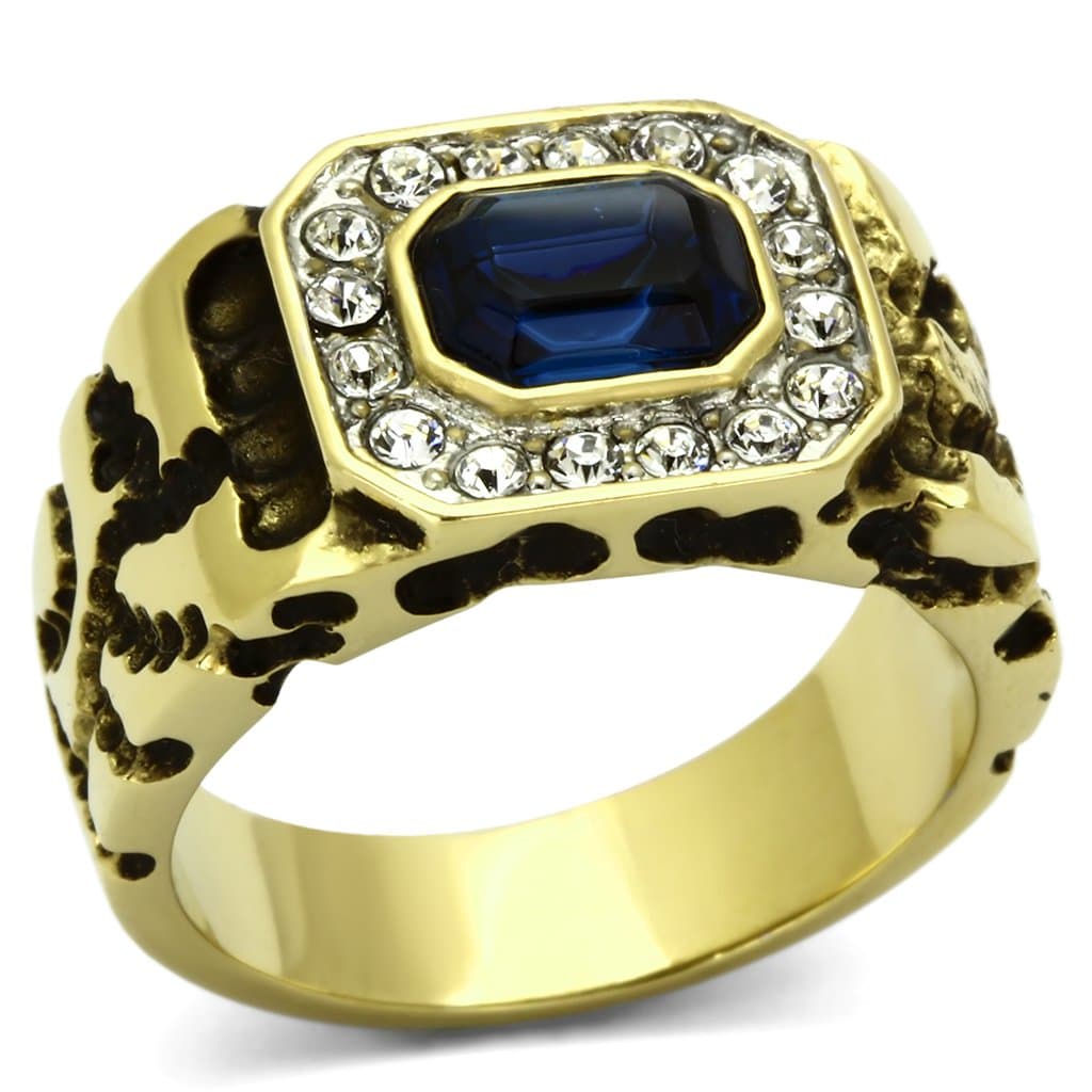 Stainless Steel Gold IP CZ Emerald Cut Sapphire Nugget Ring