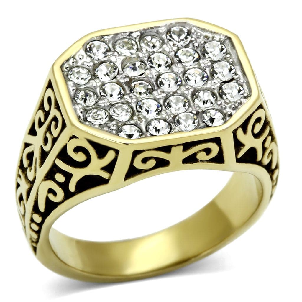 Stainless Steel Gold IP CZ Cluster Pave Scroll Side Square Ring
