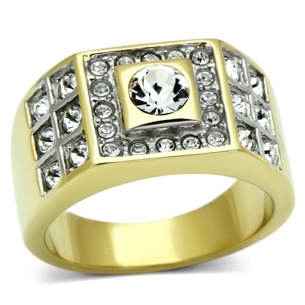 Stainless Steel Gold IP CZ Round Clear Square Halo Two Tone Ring