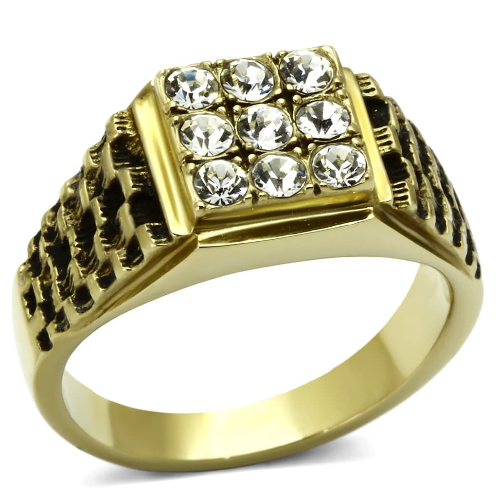 Stainless Steel Gold IP CZ Grid Pave Rope Crosshatch Square Ring