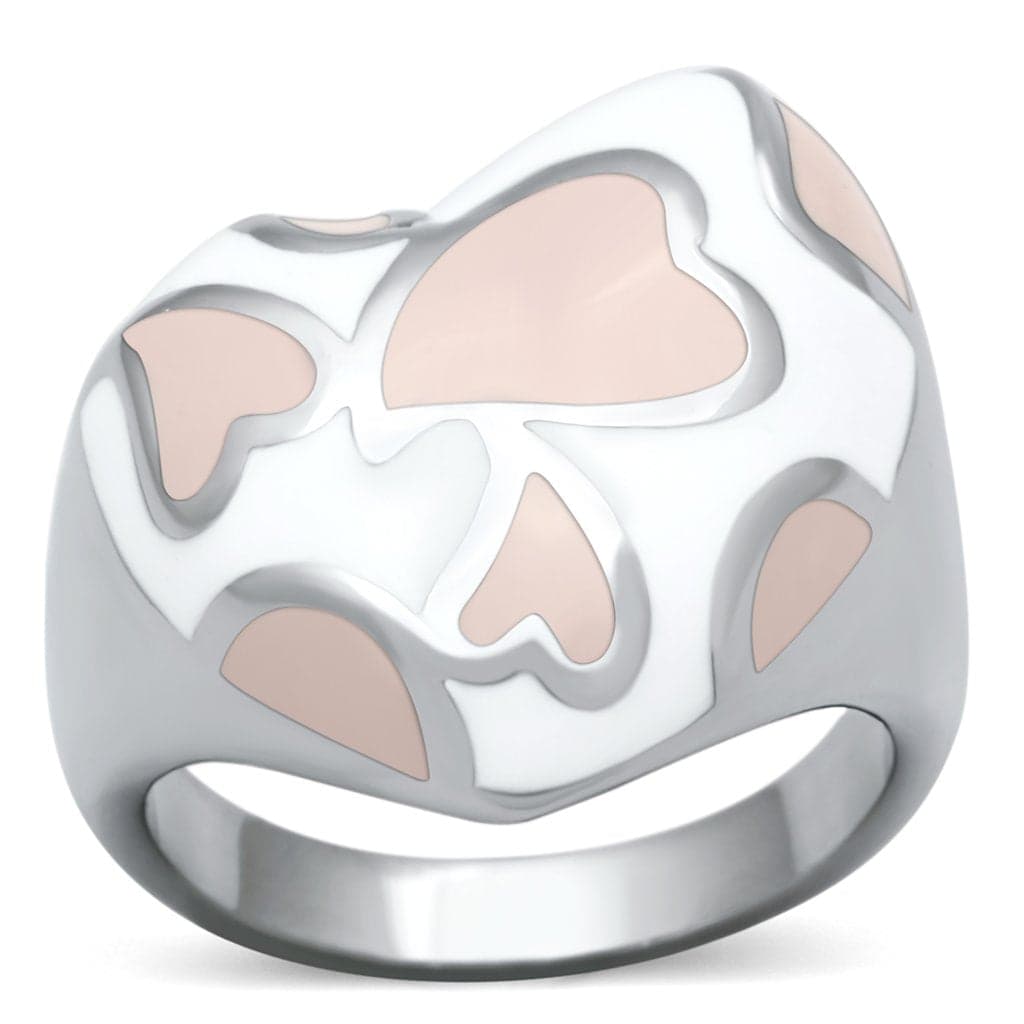 Stainless Steel Silver White Peach Enamel Abstract Cloud Ring