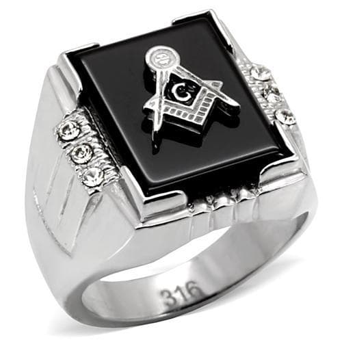 Stainless Steel Silver Masonic Square CZ Side Carved Mens Ring