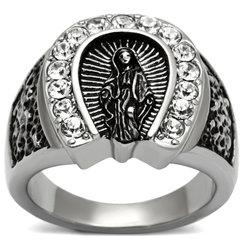 Stainless Steel Silver Virgin Mary Guadalupe CZ Halo Oval Ring
