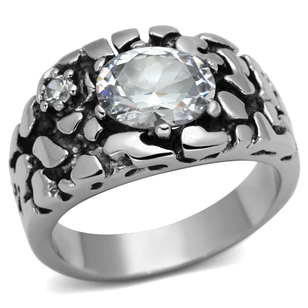 Stainless Steel Silver CZ Oval Clear Nugget Texture Mens Ring