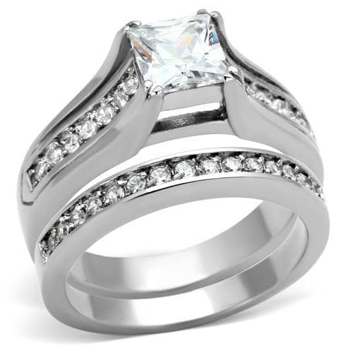 Stainless Steel Silver CZ Princess Split Shank Channel Ring