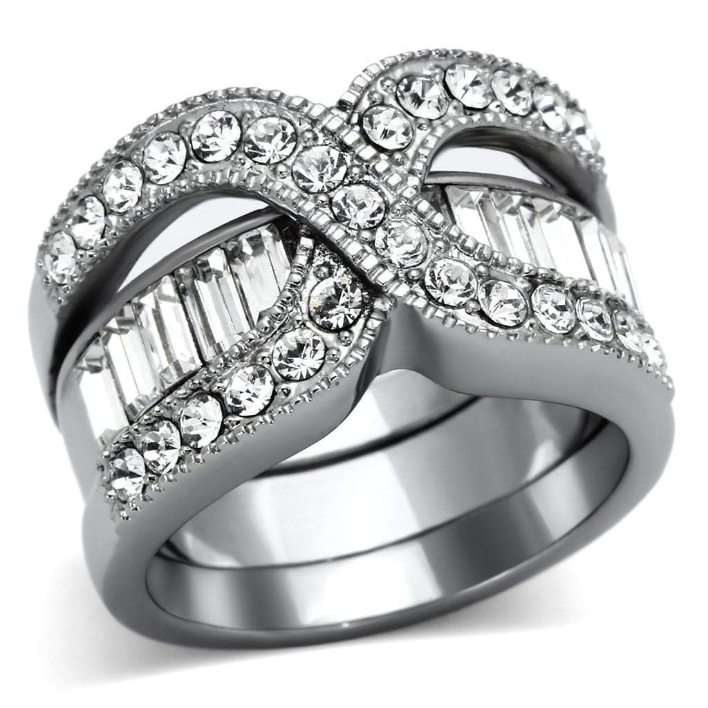Stainless Steel Silver CZ Baguette Round Infinity Crossover Ring
