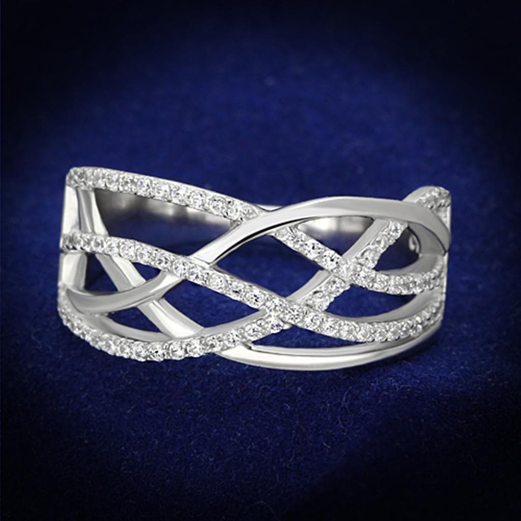 Sterling Silver CZ Pave Woven Crossover Wide Open Ring