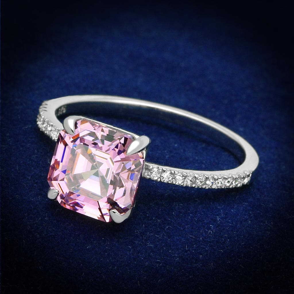 Sterling Silver Pink CZ Cushion Solitaire Pave Ring