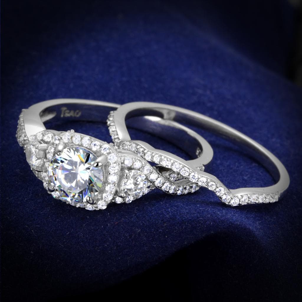 Sterling Silver CZ Cushion Halo Pave Bridal Set Ring