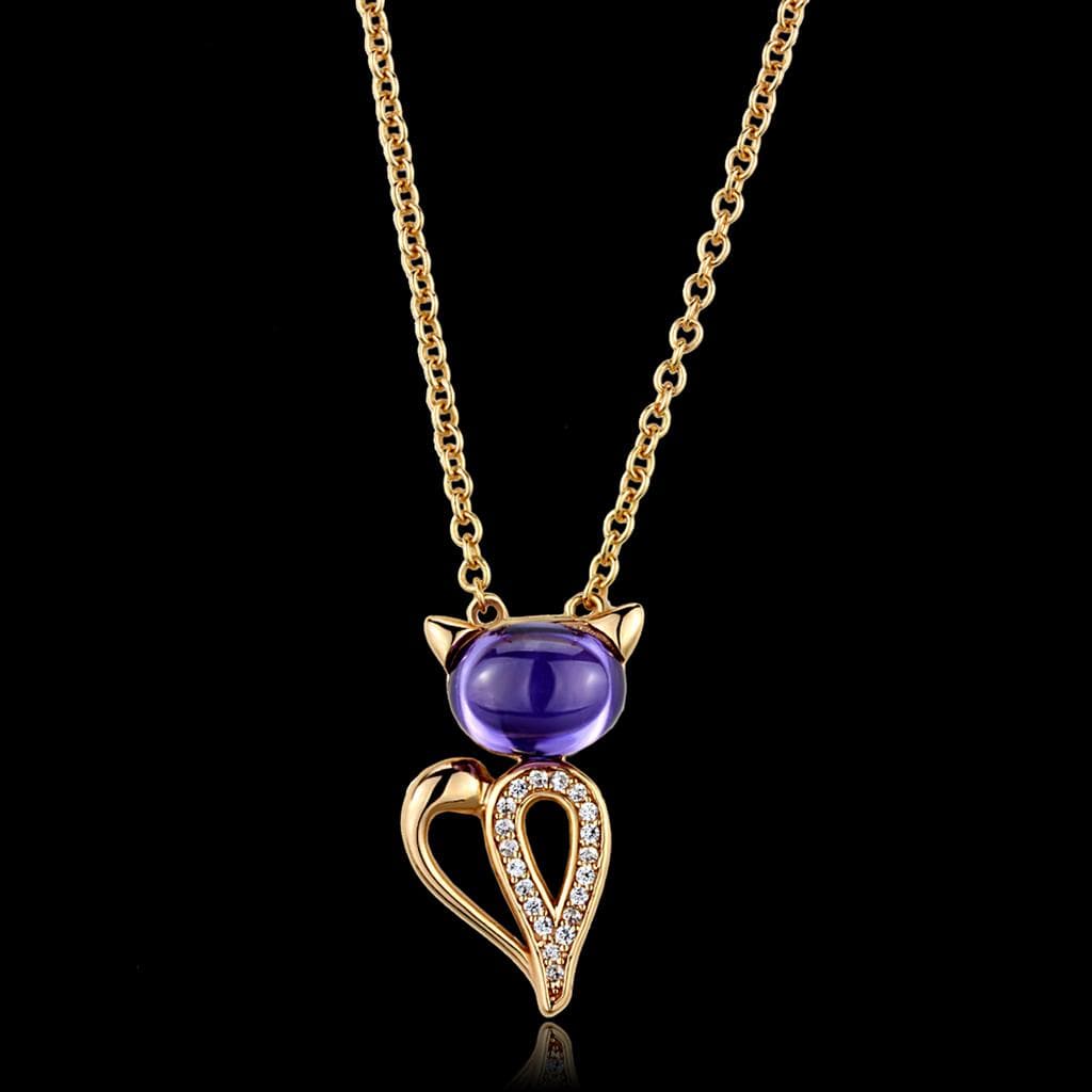 Sterling Silver Gold Two Tone Amethyst CZ Cat Pendant