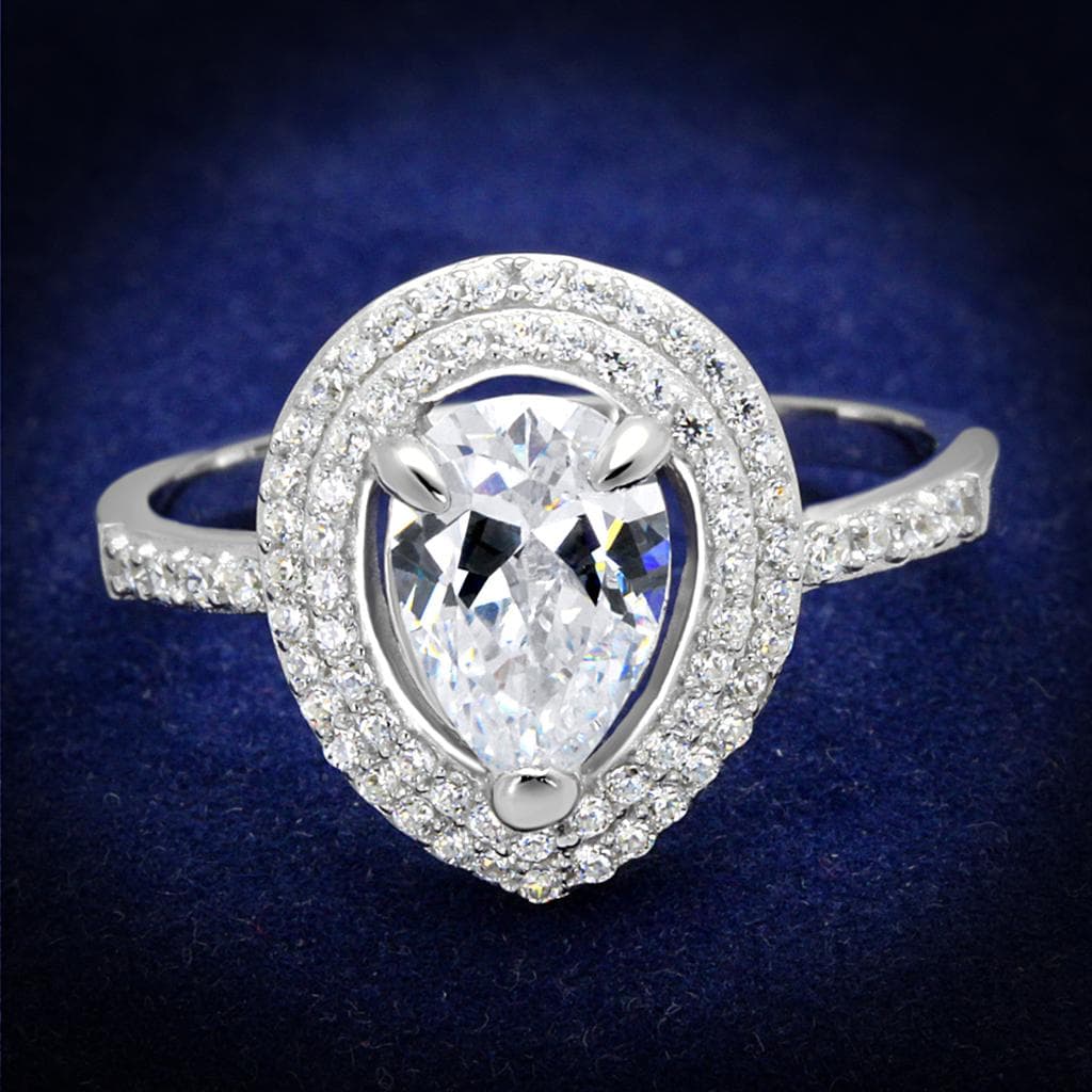 Sterling Silver CZ Pear Large Halo Pave Ring