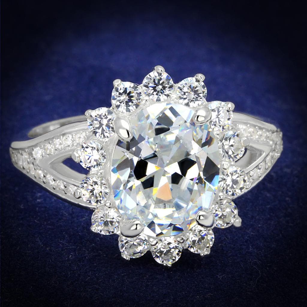 Sterling Silver CZ Round Oval Starburst Flower Halo Ring