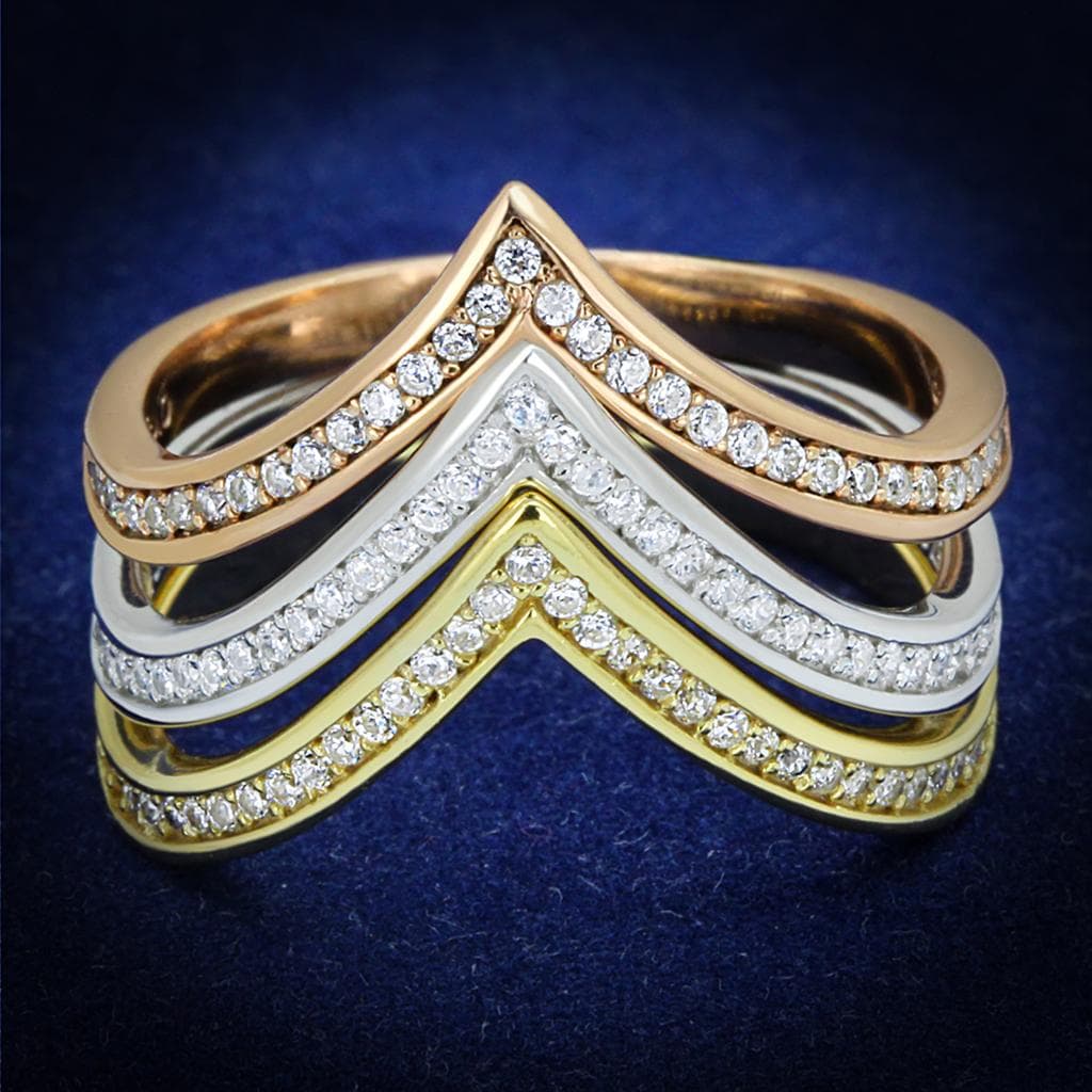 Sterling Silver Rose Gold Tri Tone CZ V Chevron Triple Ring