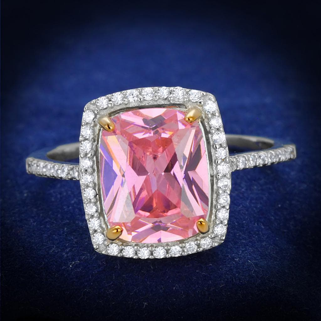 Sterling Silver Pink CZ Emerald Cut Halo Pave Ring