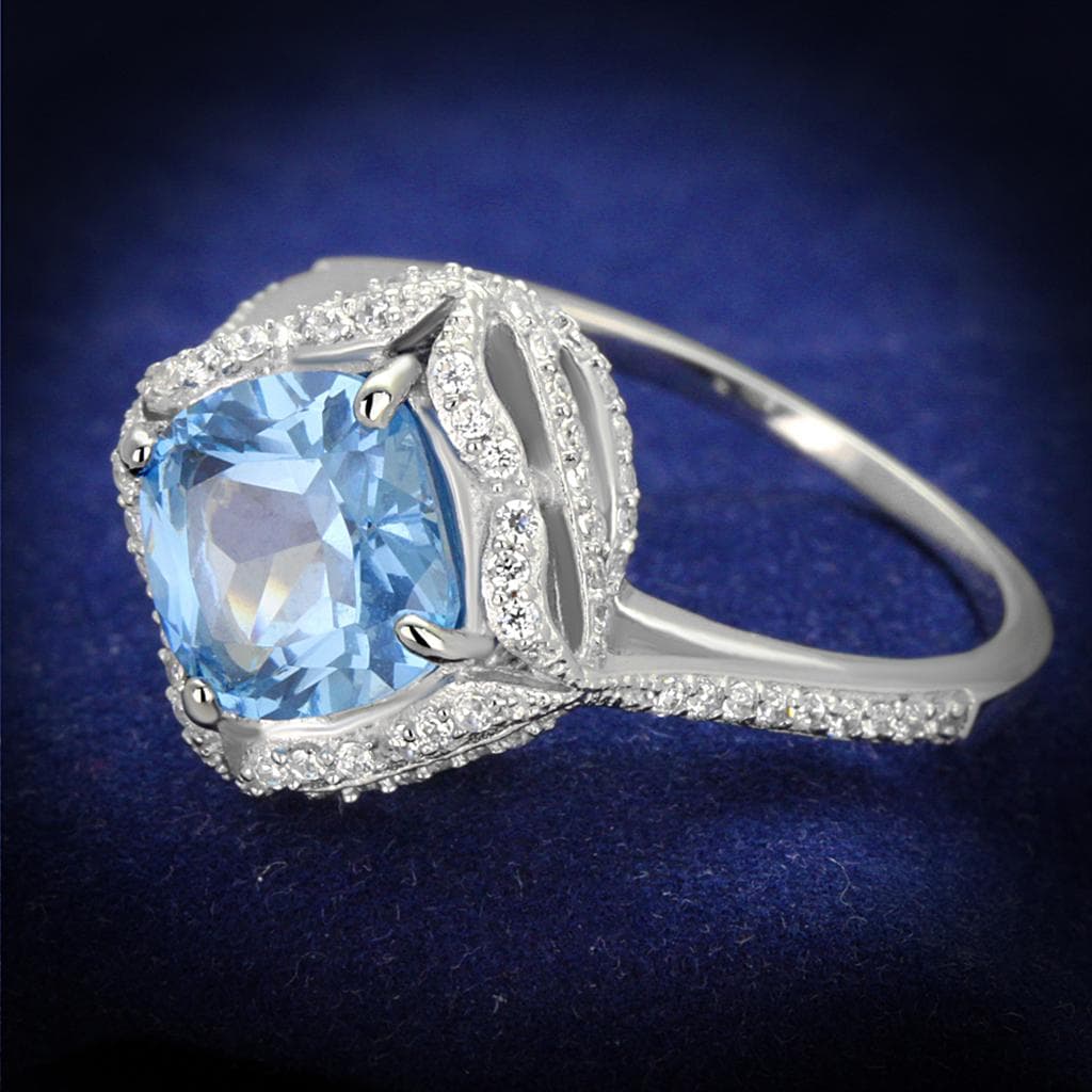 Sterling Silver Blue Topaz Cushion Double Halo Pave Ring
