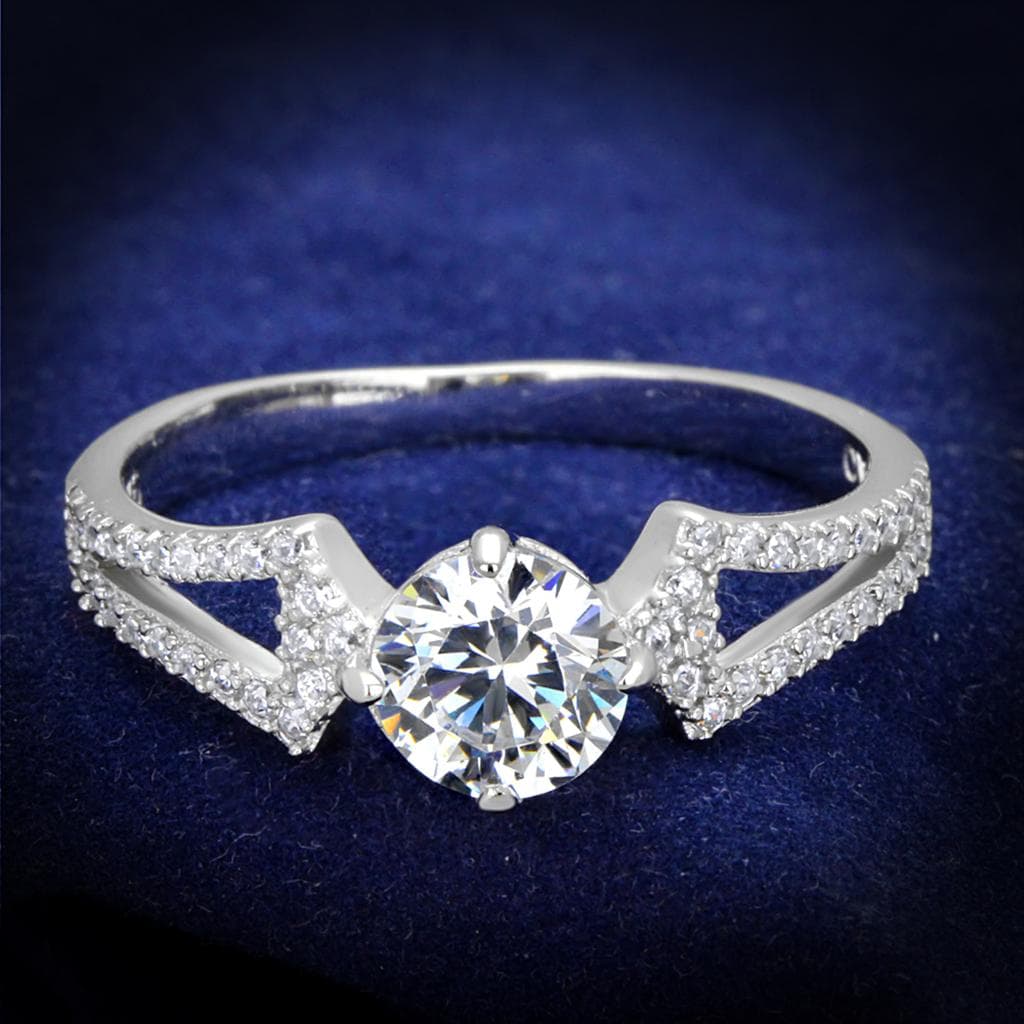 Sterling Silver CZ Baguette Round V Split Shank Ring