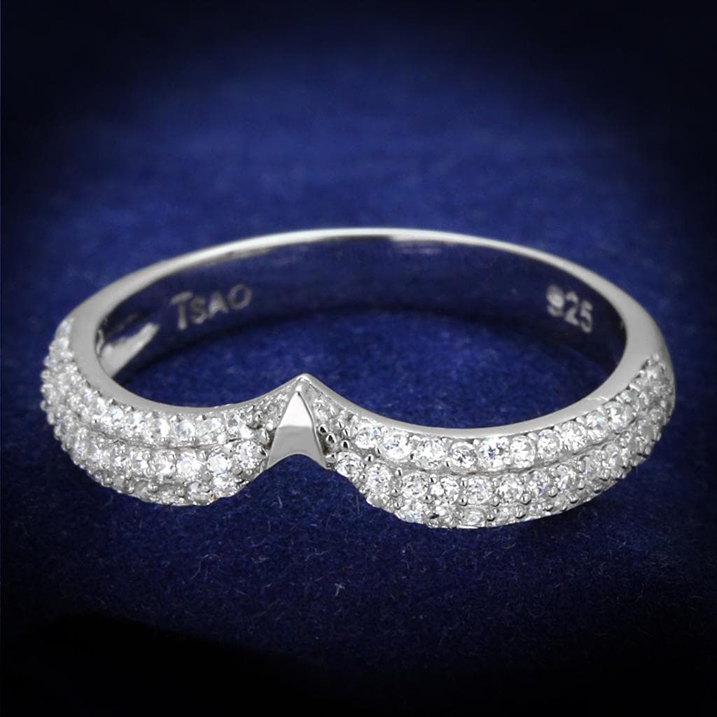 Sterling Silver CZ Round V Chevron Split Pave Ring