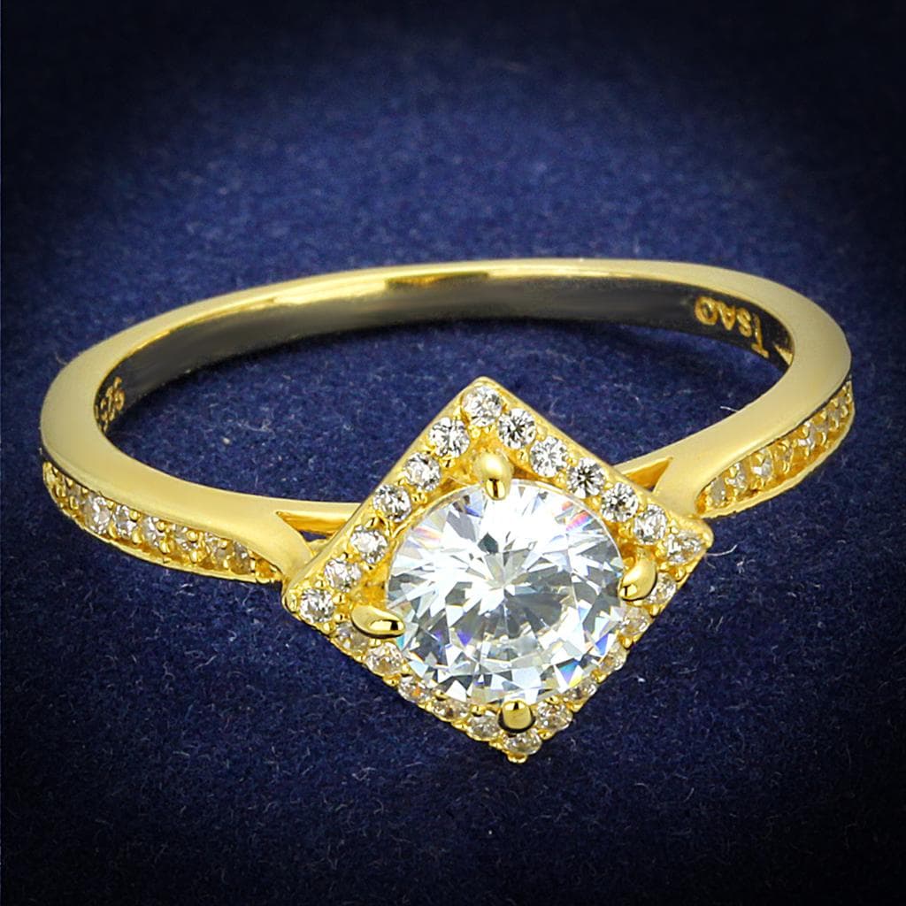 Sterling Silver Gold Two Tone CZ Cushion Halo Pave Ring
