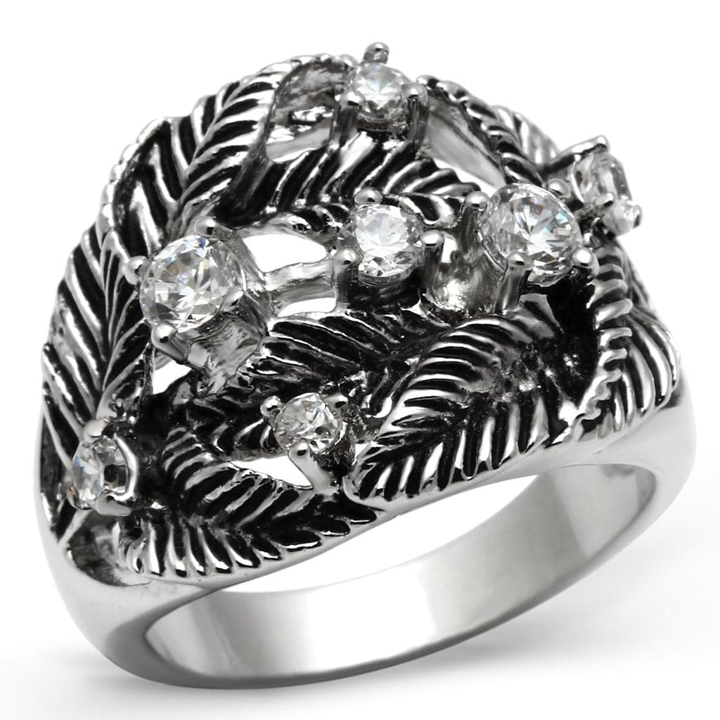 Brass CZ Flower Fern Leaf Wide Band Ring
