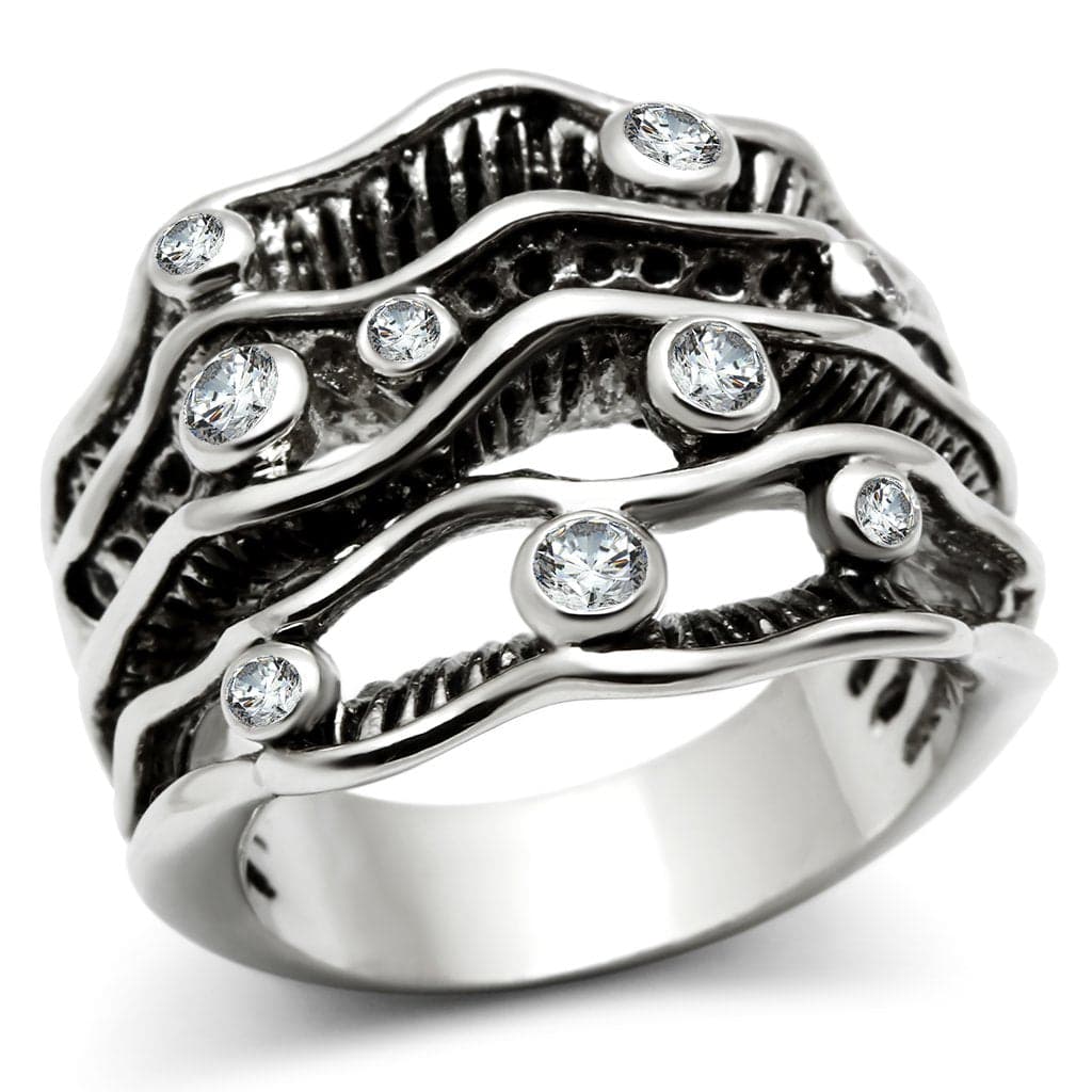 Brass CZ Bezel Oxidized Wave Wide Band Ring