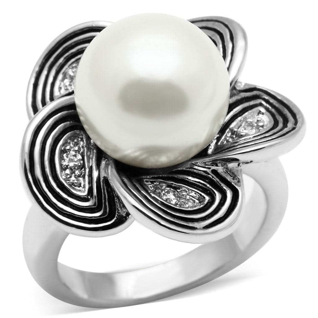 Brass Pearl CZ Flower Petal Open Cocktail Ring