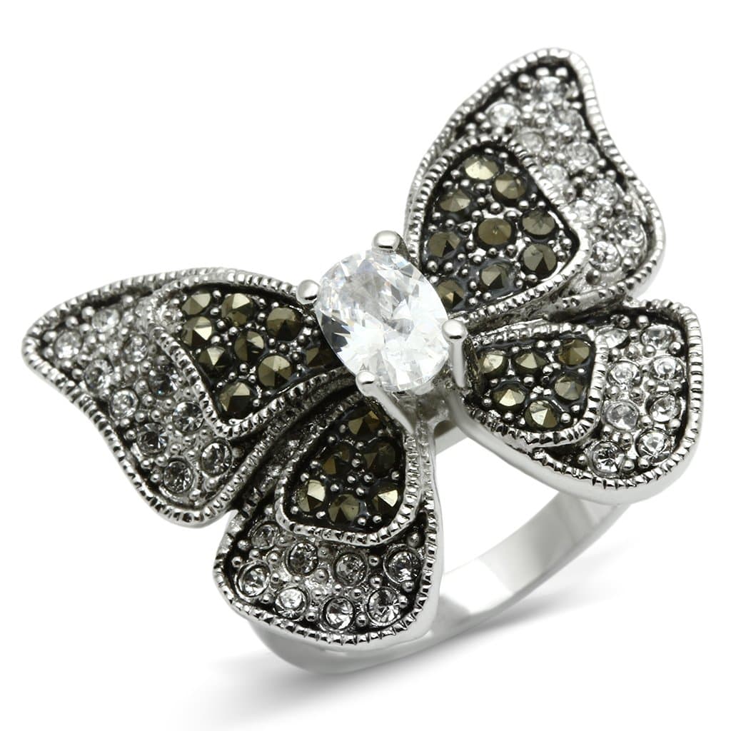 Brass CZ Marcasite Butterfly Bow Cocktail Ring