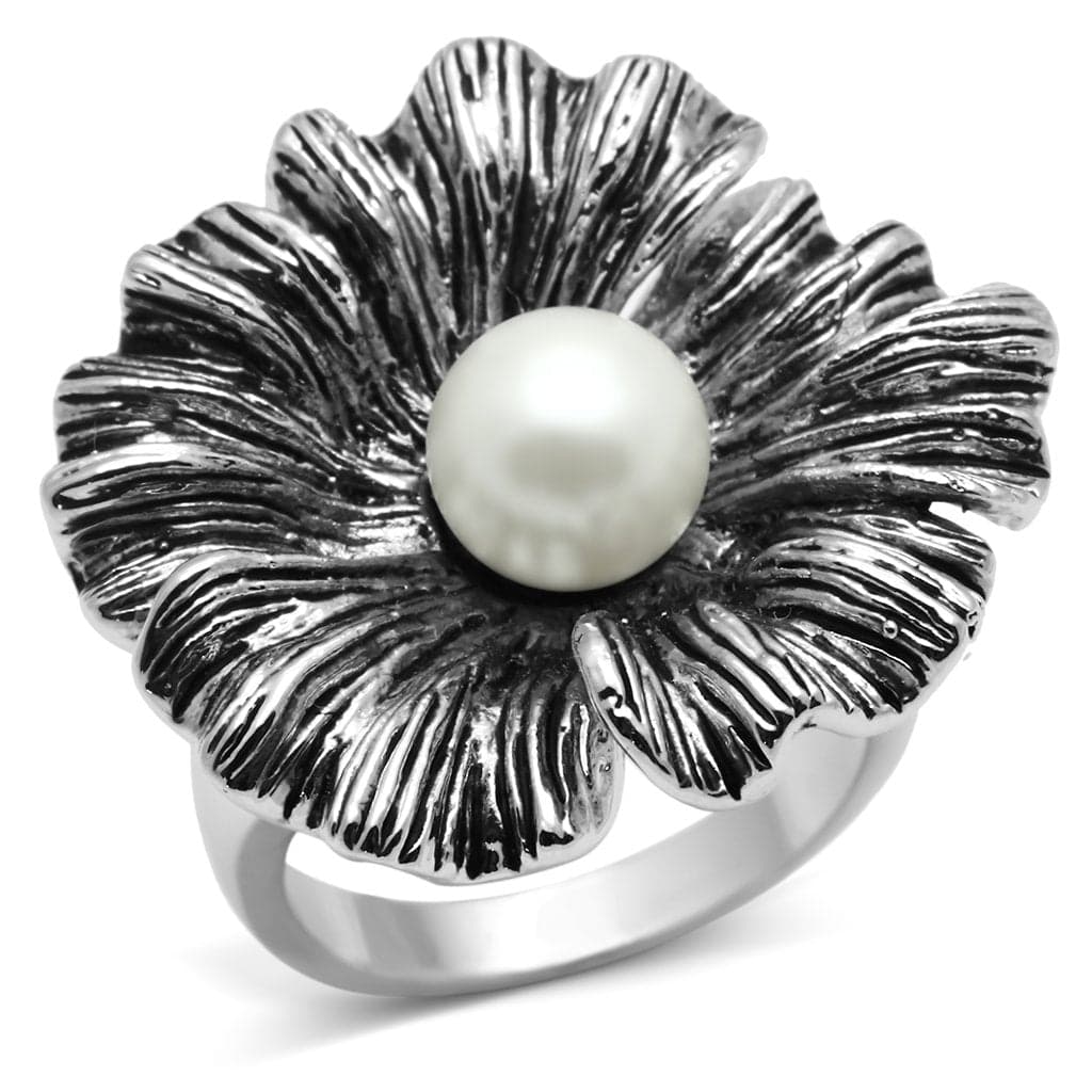Brass Pearl Oxidized Poppy Flower Cocktail Ring