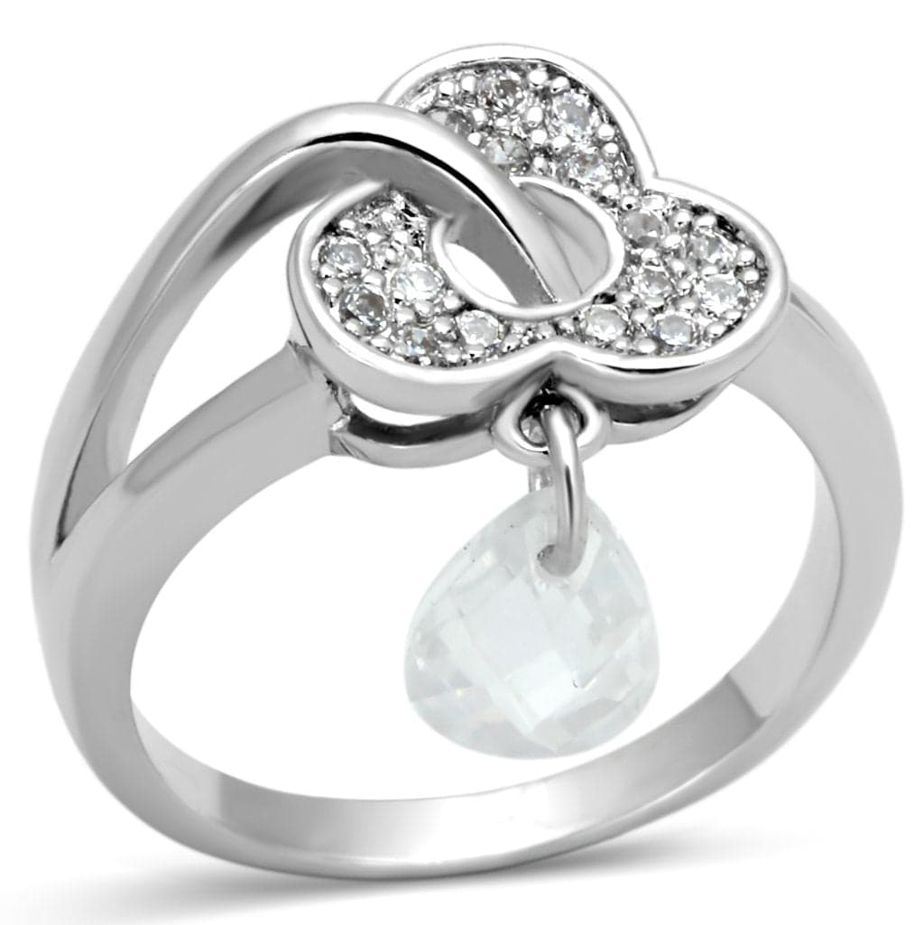 Brass CZ Pave Heart Crystal Dangle Charm Ring