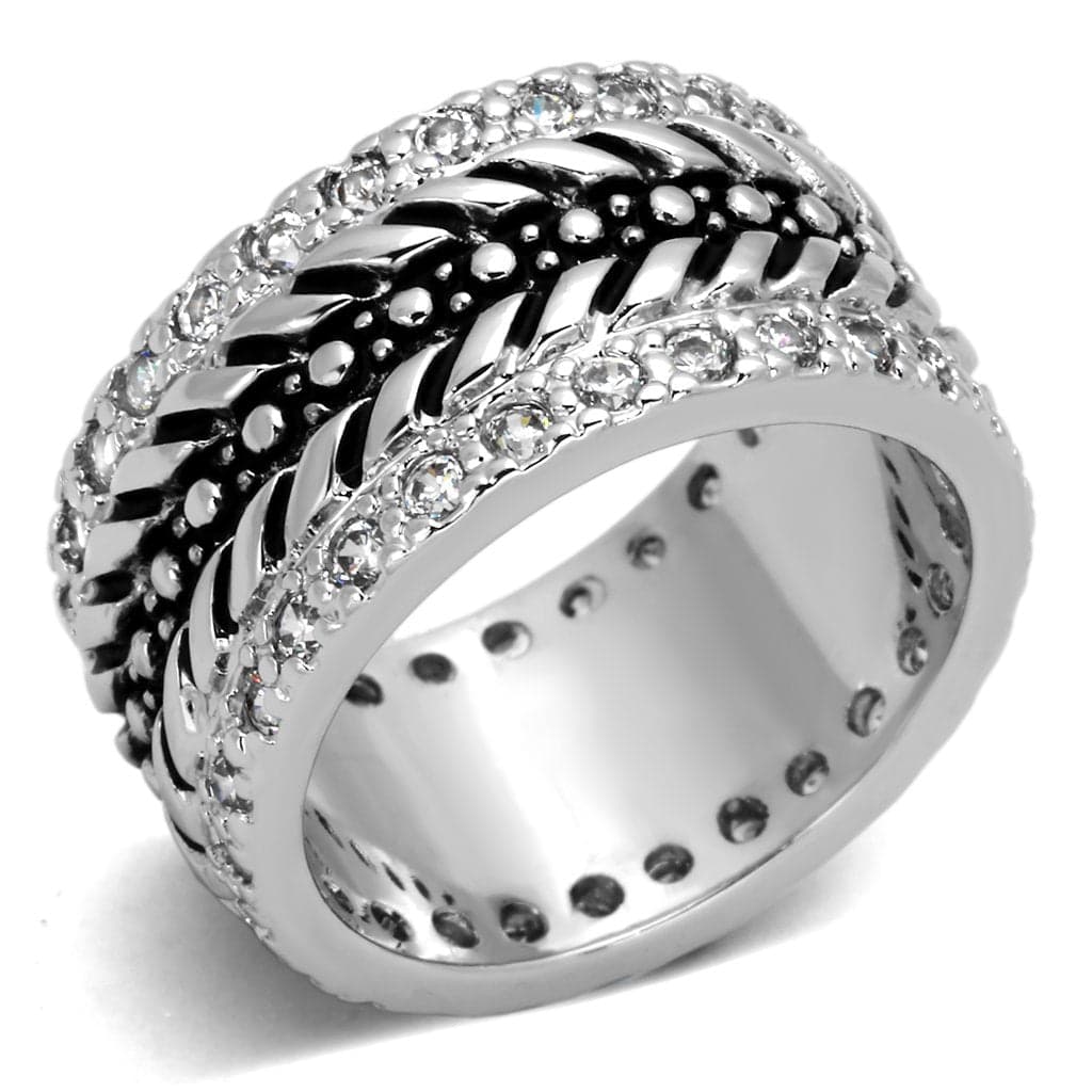 Brass CZ Pave Oxidized Feather Eternity Band Ring