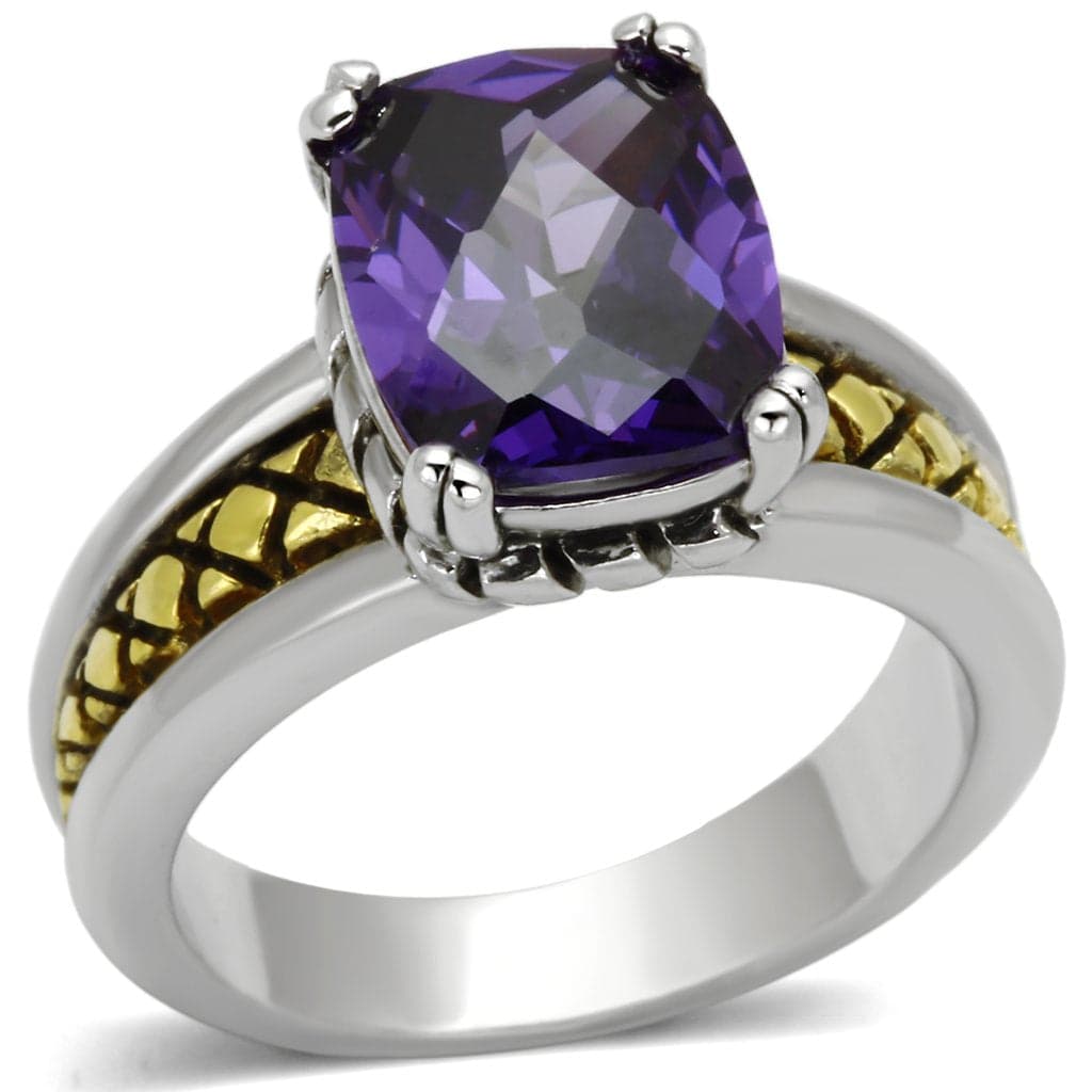 Brass Amethyst CZ Cushion Two-Tone Cable Ring