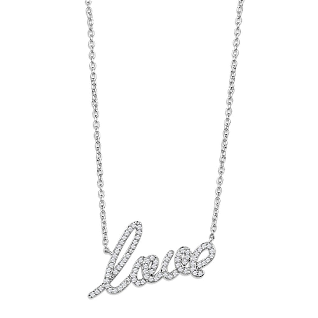 Brass CZ Pave Love Script Pendant Necklace