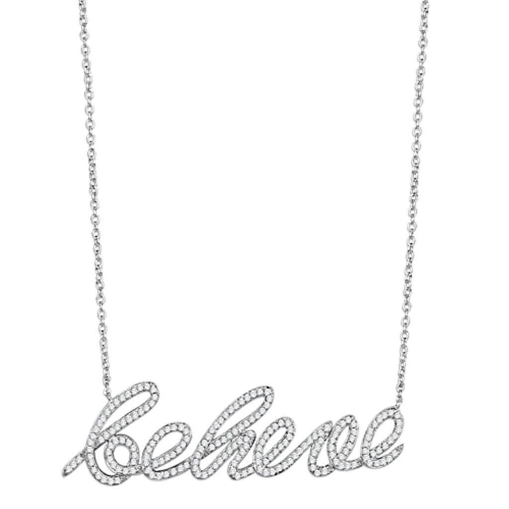 Brass CZ Pave Believe Script Pendant Necklace