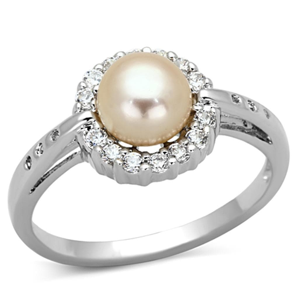 Brass Pearl CZ Halo Round Solitaire Ring