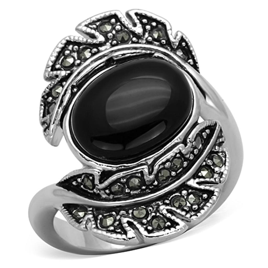 Brass Oxidized Onyx Oval Marcasite Leaf Ring