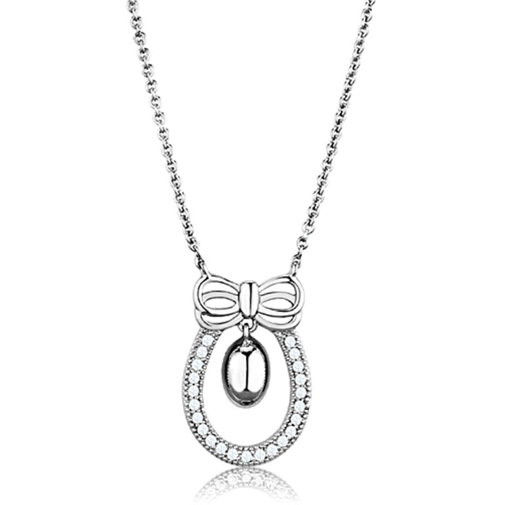 Brass CZ Pave Bow Pearl Oval Pendant Necklace