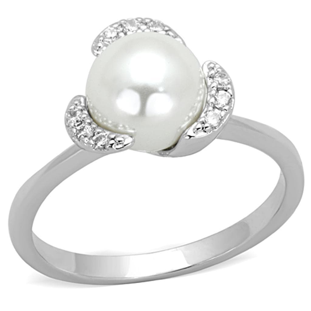 Brass Pearl CZ Crescent Swirl Solitaire Ring